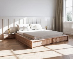 Низкая деревянная кровать с ящиками